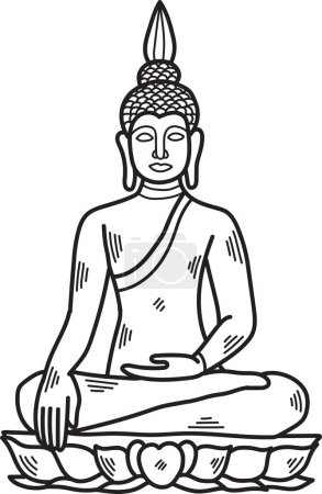 Téléchargez les illustrations : Dessin blanc d'une statue de Bouddha assise sur une fleur de lotus. La statue est représentée dans une pose paisible et sereine, les mains sur les genoux. La fleur de lotus ajoute un sentiment de tranquillité - en licence libre de droit