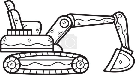 Ilustración de Un dibujo en blanco y negro de un gran vehículo de construcción con una gran pala en la parte delantera. El vehículo es una excavadora grande, y está sentado en una pista. El vehículo está diseñado para cavar - Imagen libre de derechos