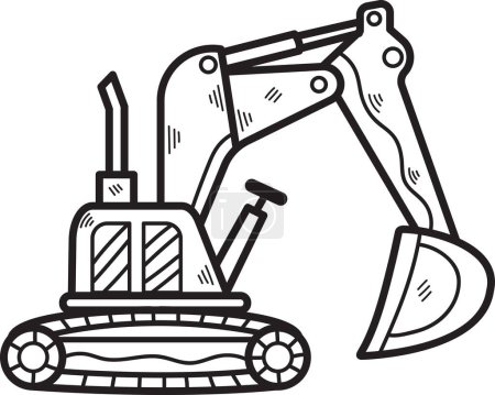A black and white drawing of a large construction vehicle with a large scoop on the front. The vehicle is a large excavator, and it is sitting on a track. The vehicle is designed to dig