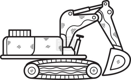 Un dessin noir et blanc d'un grand véhicule de construction avec une grande cuillère sur le devant. Le véhicule est une grande pelle, et il est assis sur une piste. Le véhicule est conçu pour creuser