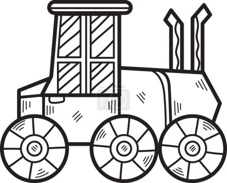 A black and white drawing of a tractor. The tractor is drawn in a cartoon style and has a playful, whimsical feel to it. The design of the tractor is simple and straightforward