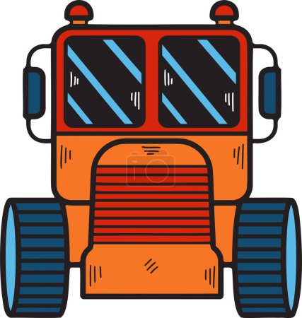 Téléchargez les illustrations : Dessin noir et blanc d'un tracteur. Le tracteur est dessiné dans un style de dessin animé et a un aspect caricatural - en licence libre de droit