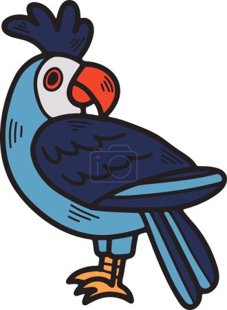 Téléchargez les illustrations : Dessin noir et blanc d'un oiseau avec un grand bec et une queue colorée. L'oiseau est debout sur une jambe et regarde la caméra - en licence libre de droit
