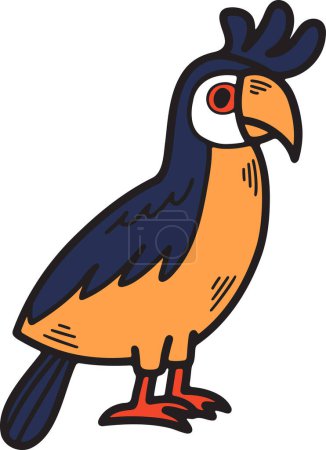 Ilustración de Un dibujo en blanco y negro de un pájaro con un pico grande y una cola colorida. El pájaro está de pie en una pierna y mirando a la cámara - Imagen libre de derechos