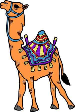 Téléchargez les illustrations : Un chameau est debout avec une selle sur le dos. La selle est décorée avec un motif coloré - en licence libre de droit
