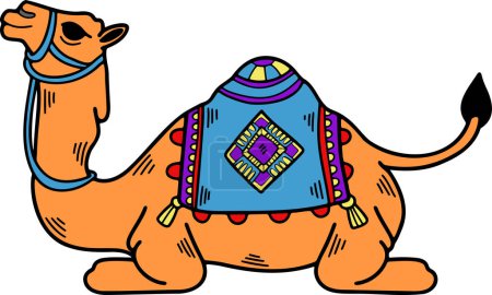 Téléchargez les illustrations : Un chameau avec une couverture colorée sur le dos. La couverture a un motif en diamant. Le chameau est debout sur un fond blanc - en licence libre de droit