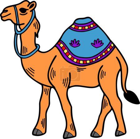 Ilustración de Un camello está de pie con una silla en la espalda. La silla de montar está decorada con un patrón colorido - Imagen libre de derechos