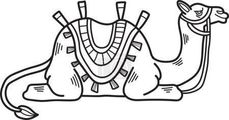 Ilustración de Un camello con una manta de colores en la espalda. La manta tiene un patrón de diamantes. El camello está de pie sobre un fondo blanco - Imagen libre de derechos