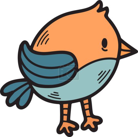 Téléchargez les illustrations : Un oiseau de bande dessinée avec un bec pointu se tient debout sur ses pattes arrière. L'oiseau regarde la caméra et il fait signe - en licence libre de droit