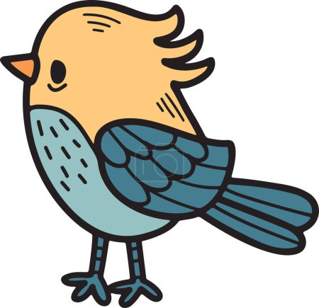 Téléchargez les illustrations : Un oiseau de bande dessinée avec un bec pointu se tient debout sur ses pattes arrière. L'oiseau regarde la caméra et il fait signe - en licence libre de droit