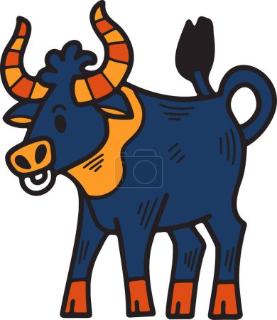Téléchargez les illustrations : Une vache à dessin animé avec des cornes et une grande bouche. La vache se tient dans un champ. La vache sourit et regarde la caméra - en licence libre de droit