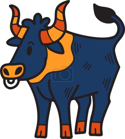 Téléchargez les illustrations : Une vache à dessin animé avec des cornes et une grande bouche. La vache se tient dans un champ. La vache sourit et regarde la caméra - en licence libre de droit