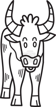 Ilustración de Una vaca de dibujos animados con cuernos y una boca grande. La vaca está de pie en un campo. La vaca sonríe y mira a la cámara - Imagen libre de derechos