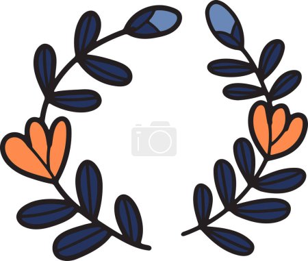 Téléchargez les illustrations : Dessin noir et blanc d'une branche feuillue avec des fleurs. Les fleurs sont petites et délicates, et les feuilles sont grandes et feuillues - en licence libre de droit