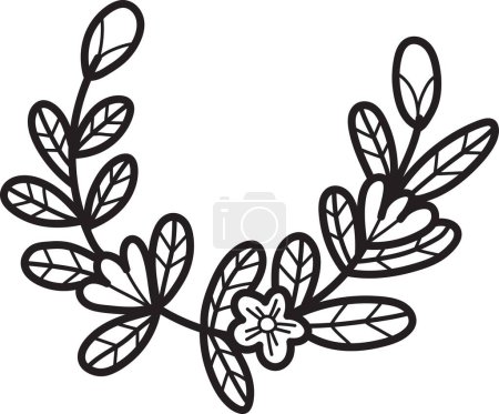 Ilustración de A black and white drawing of a leafy branch with flowers. The flowers are small and delicate, and the leaves are large and leafy - Imagen libre de derechos