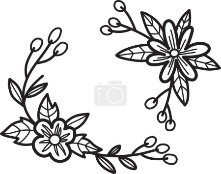 Illustration for A black and white drawing of a leafy branch with flowers. The flowers are small and delicate, and the leaves are large and leafy - Royalty Free Image