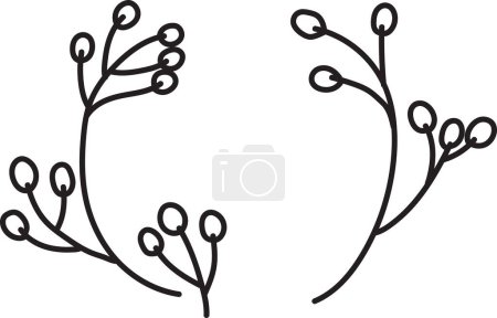 Ilustración de Dibujo blanco y negro de una rama frondosa con flores. Las flores son pequeñas y delicadas, y las hojas son grandes y frondosas - Imagen libre de derechos