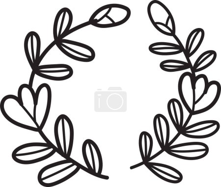 Téléchargez les illustrations : Dessin noir et blanc d'une branche feuillue avec des fleurs. Les fleurs sont petites et délicates, et les feuilles sont grandes et feuillues - en licence libre de droit