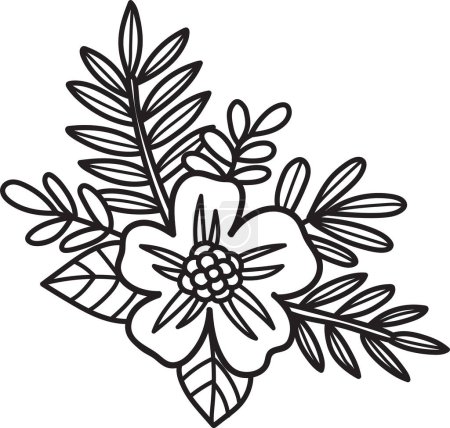 Téléchargez les illustrations : Un dessin noir et blanc d'une couronne de fleurs. La couronne est faite de feuilles et de fleurs, et elle est entourée d'un cercle. Les fleurs sont petites et éparpillées dans toute la couronne - en licence libre de droit
