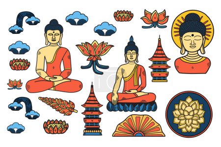 Ilustración de Dibujo blanco y negro de un monje budista, una flor de loto y una pagoda - Imagen libre de derechos