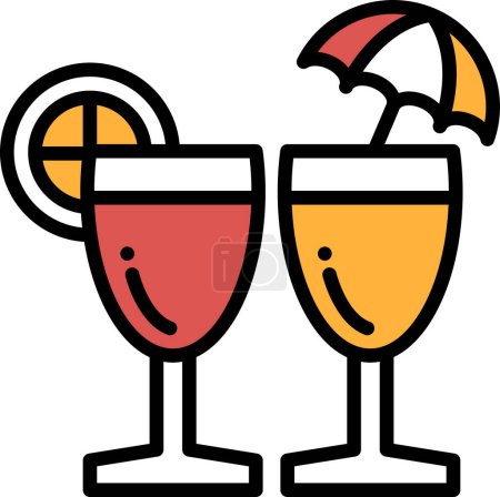 Illustration for Two glasses of a drink with a lemon wedge in one of them. An umbrella is on top of the other glass - Royalty Free Image