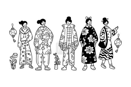 Illustration for The Illustration of characters in Chinese or Japanese style clothing. Hand drawn in line style - Royalty Free Image