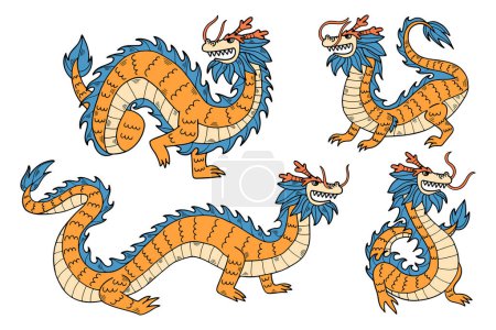Téléchargez les illustrations : Une illustration de dragon de style chinois ou japonais Dessiné à la main dans le style ligne - en licence libre de droit