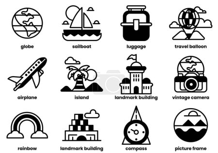 Téléchargez les illustrations : L'image est une collection de diverses icônes représentant différents aspects du voyage et du transport. Ces icônes comprennent un avion, un bateau, une valise, un appareil photo, une horloge et une boussole - en licence libre de droit