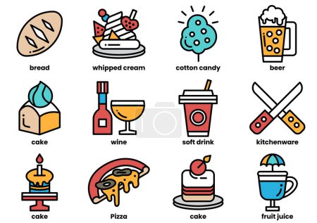 Téléchargez les illustrations : L'image est une collection d'icônes de la nourriture et des boissons, y compris la pizza, gâteau, vin et bière - en licence libre de droit