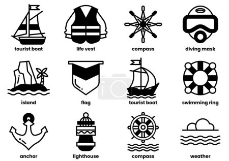 La imagen es una colección de varios iconos relacionados con el agua, incluyendo barcos, chalecos salvavidas y otros artículos náuticos. Los iconos están dispuestos en una cuadrícula, con algunos superpuestos entre sí
