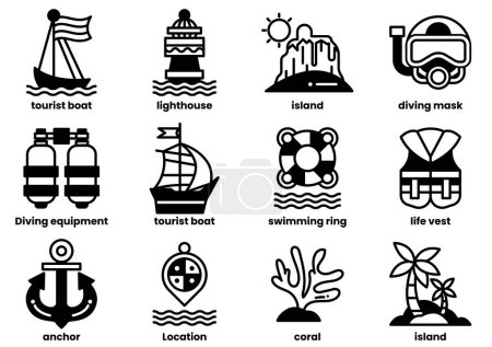 Téléchargez les illustrations : Un ensemble d'icônes pour divers sports nautiques et activités. Les icônes comprennent un bateau, un gilet de sauvetage, un masque de plongée, un tuba, un radeau, un gilet de sauvetage, un tuba, un bateau - en licence libre de droit