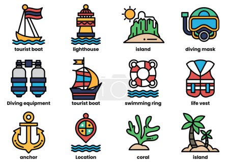 Ilustración de Un conjunto de iconos para varios deportes acuáticos y actividades. Los iconos incluyen un barco, un chaleco salvavidas, una máscara de buceo, un snorkel, una balsa, un salvavidas, un chaleco salvavidas, un snorkel, un barco - Imagen libre de derechos