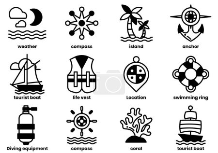 Téléchargez les illustrations : Une variété d'icônes liées à l'eau, y compris un gilet de sauvetage, une boussole, un bateau, un anneau de vie et une ancre de bateau. Les icônes sont disposées dans une grille, avec quelques chevauchements - en licence libre de droit