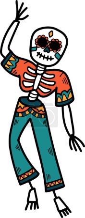 Illustration for A skeleton dressed in a sombrero and pants is dancing. The skeleton is wearing a black and white outfit - Royalty Free Image