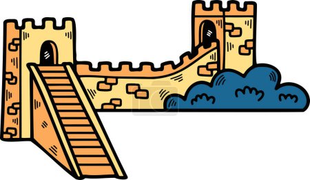 Téléchargez les illustrations : Une illustration des bâtiments chinois et de la Grande Muraille dessinée à la main dans un style linéaire. - en licence libre de droit