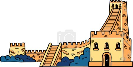 Téléchargez les illustrations : Une illustration des bâtiments chinois et de la Grande Muraille dessinée à la main dans un style linéaire. - en licence libre de droit