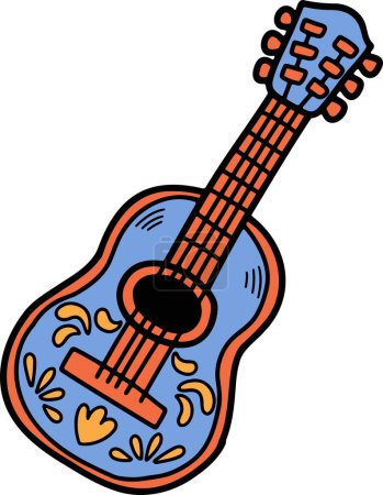 Téléchargez les illustrations : Une illustration de guitare de style mexicain dessinée à la main dans le style ligne - en licence libre de droit