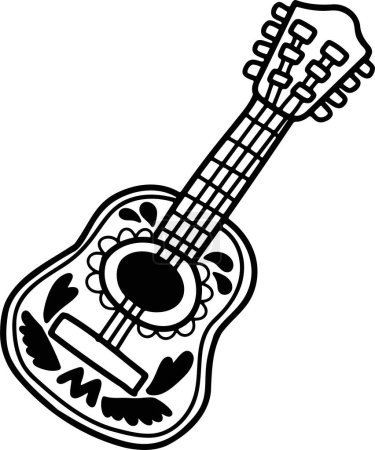 Téléchargez les illustrations : Une illustration de guitare de style mexicain dessinée à la main dans le style ligne - en licence libre de droit