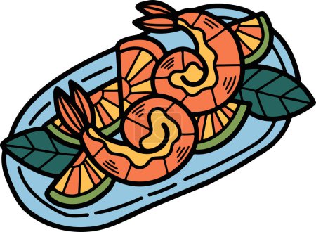 Ilustración de Los deliciosos camarones fritos y verduras Mano dibujada en estilo de línea - Imagen libre de derechos