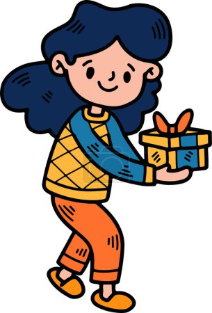 Illustration for The child with gift box Hand drawn illustrations in line art style - Royalty Free Image