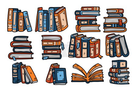 Téléchargez les illustrations : Une pile d'illustrations de livres en style ligne - en licence libre de droit