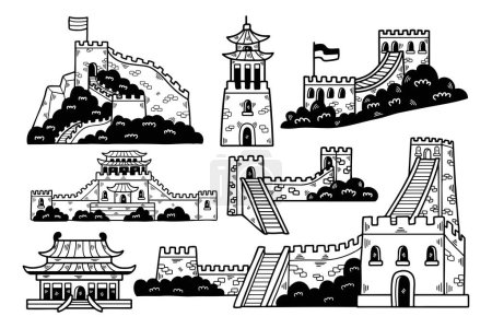 Illustration for A Illustration of Chinese buildings and the Great Wall Hand drawn in line style. - Royalty Free Image