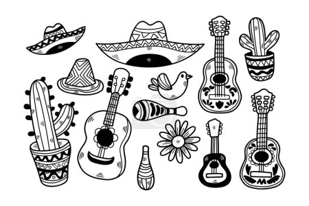 Téléchargez les illustrations : A collection of various musical instruments and hats, including a guitar, a maraca, and a sombrero - en licence libre de droit