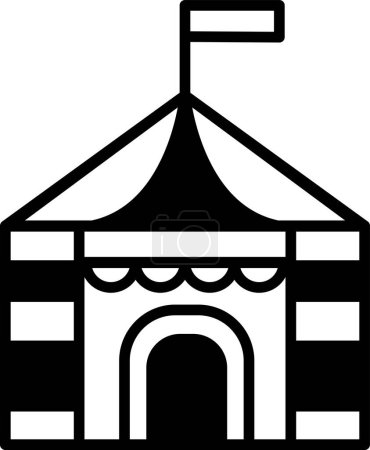 A black and white drawing of a circus tent. The tent is large and has a flag on top
