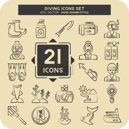 Icon Set Diving. related to Sea symbol. hand drawn style. simple design illustration