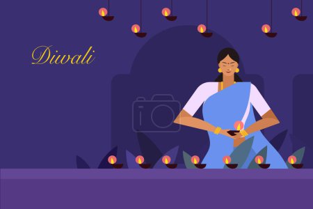 Illustration for A woman holding Diwali festival lamps. Concept for Diwali festival in India - Royalty Free Image