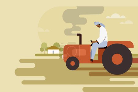Téléchargez les illustrations : Illustration d'un agriculteur indien conduisant un tracteur dans le domaine agricole - en licence libre de droit