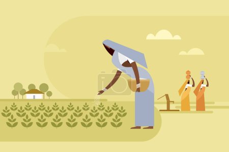 Ilustración de Ilustración de una mujer que arroja a los cultivos fértiles en el campo agrícola - Imagen libre de derechos