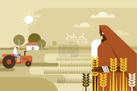 Téléchargez les illustrations : Illustration d'une famille d'agriculteurs indiens engagés dans les activités agricoles de la femme cultivatrice sur le terrain - en licence libre de droit
