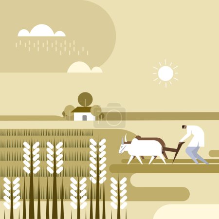 Téléchargez les illustrations : Fermier indien avec des taureaux travaillant dans le domaine agricole - en licence libre de droit